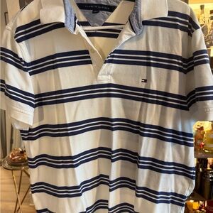Tommy Hilfiger Men's Cream and Navy Striped Polo Shirt